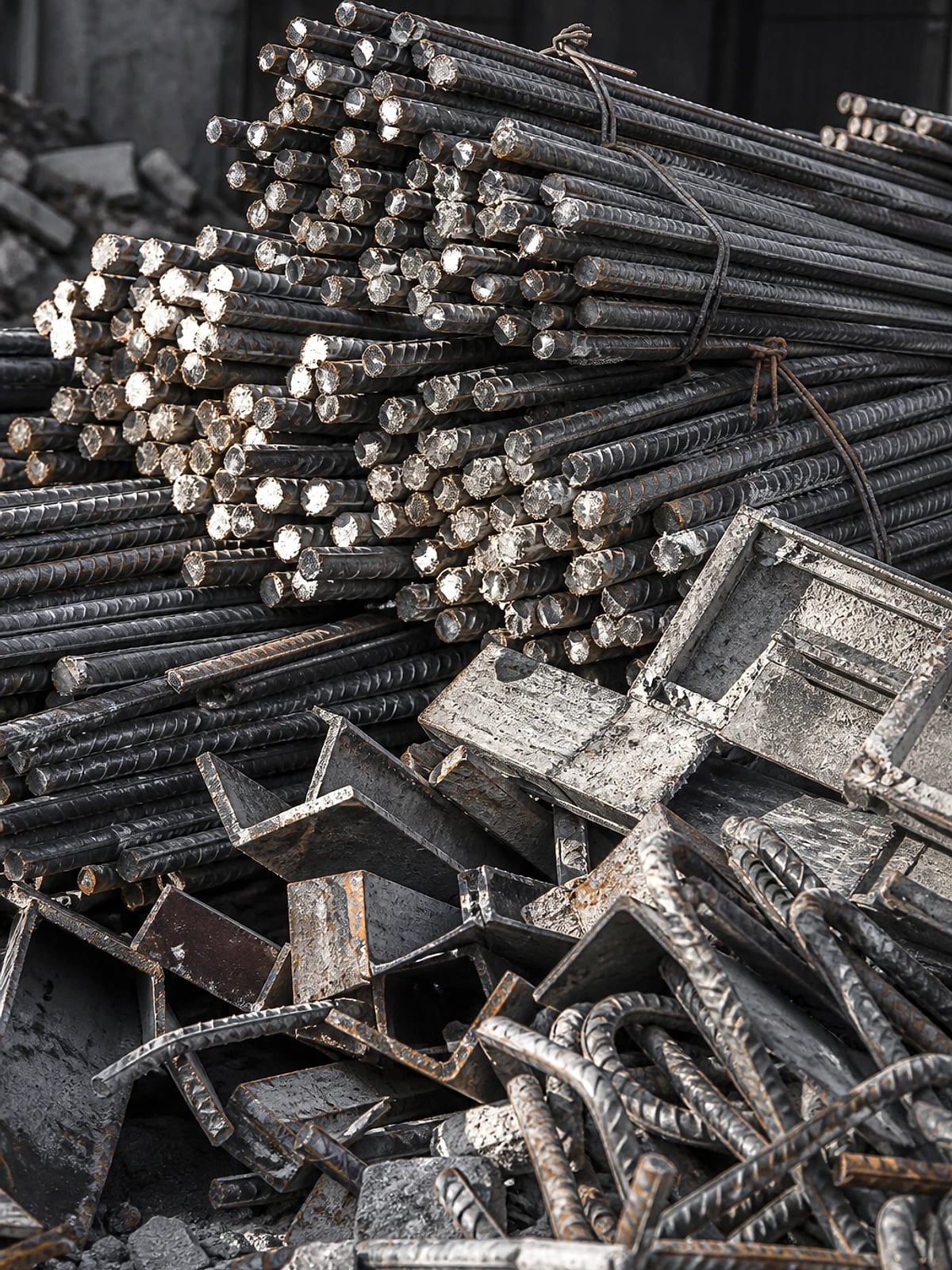 İnşaat hurdası — inşaat demiri bağları, profil ve yıkım metal yığınları